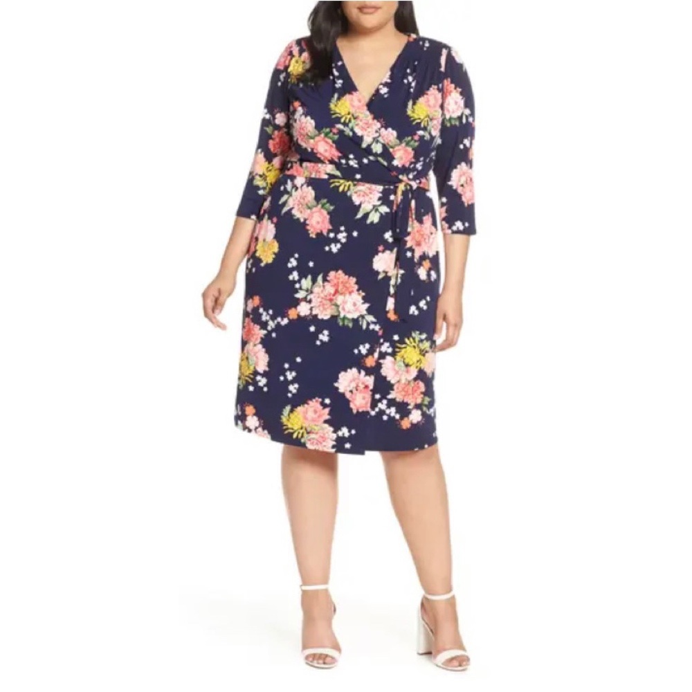 NEW Eliza J Faux Wrap V-Neck Floral Printed 3/4 Sleeve Sheath Midi Dress Navy